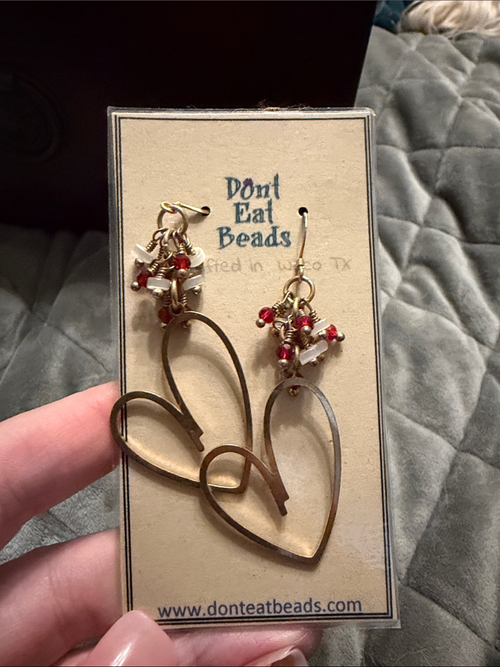 Don't Eat Beads Heart Dangle Earrings - Gold with Red & White Beads